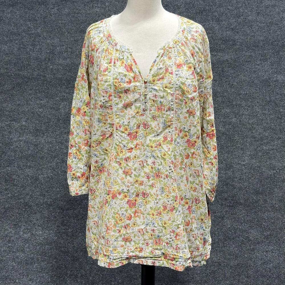 Intro Blouse Womens 2X White Multicolor Floral Crochet Tunic Top 3/4 Sleeve